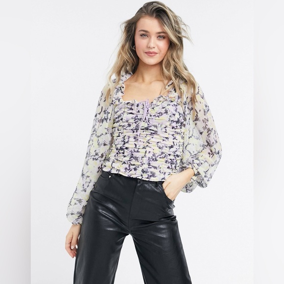 FREE PEOPLE | Mabel Structured Blouse w/ Lace-up Front   | Floral Lilac Combo |S - Picture 9 of 12